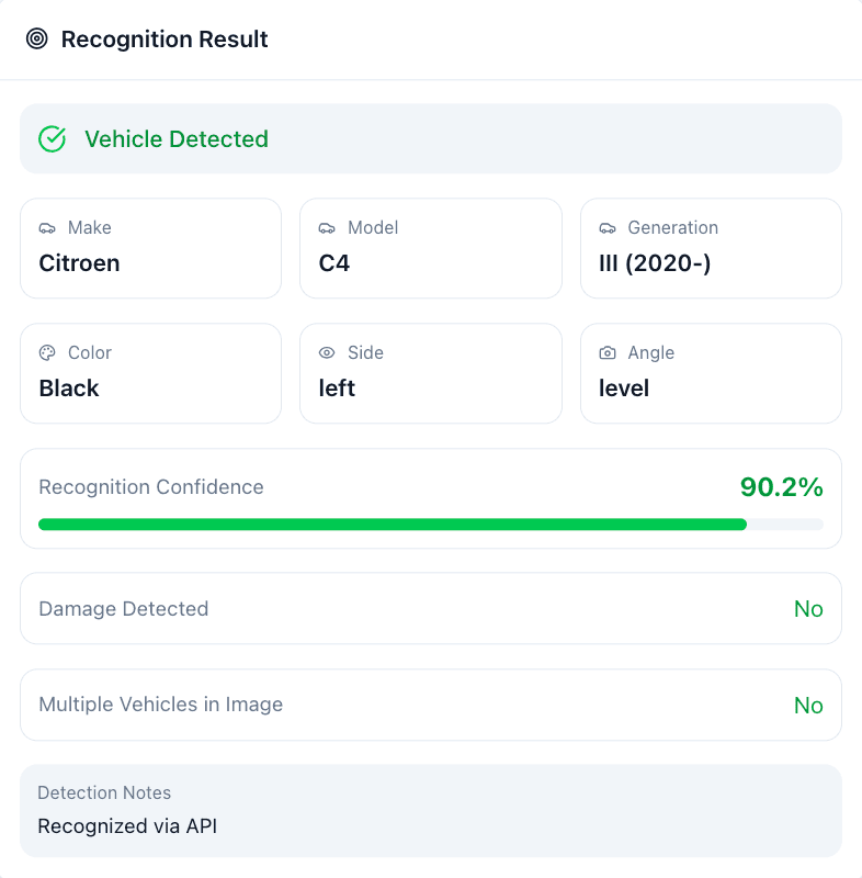 Detailed vehicle recognition results showing make, model, year, and confidence scores
